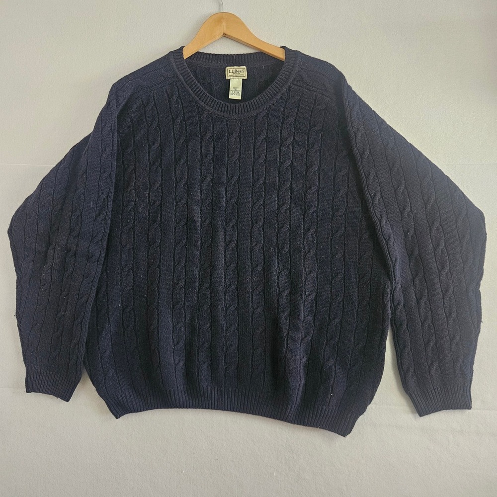 Vtg LL Bean Mens XL Navy Blue 100% Lambswool Cable Knit Crewneck Sweater 0QY84